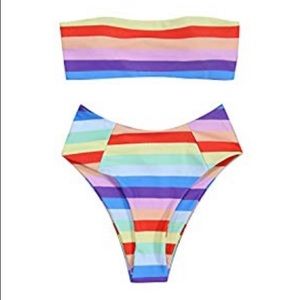 Striped Rainbow High Cut Strapless Bikini